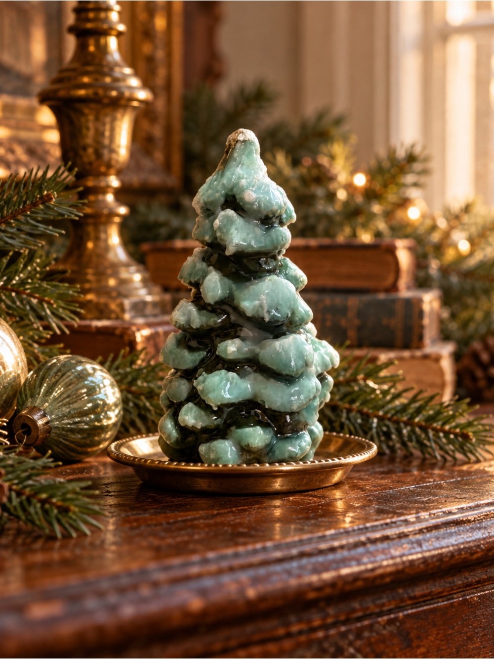 Snowy Evergreen Tree Figural Wax Candle Blue Green Christmas Decor